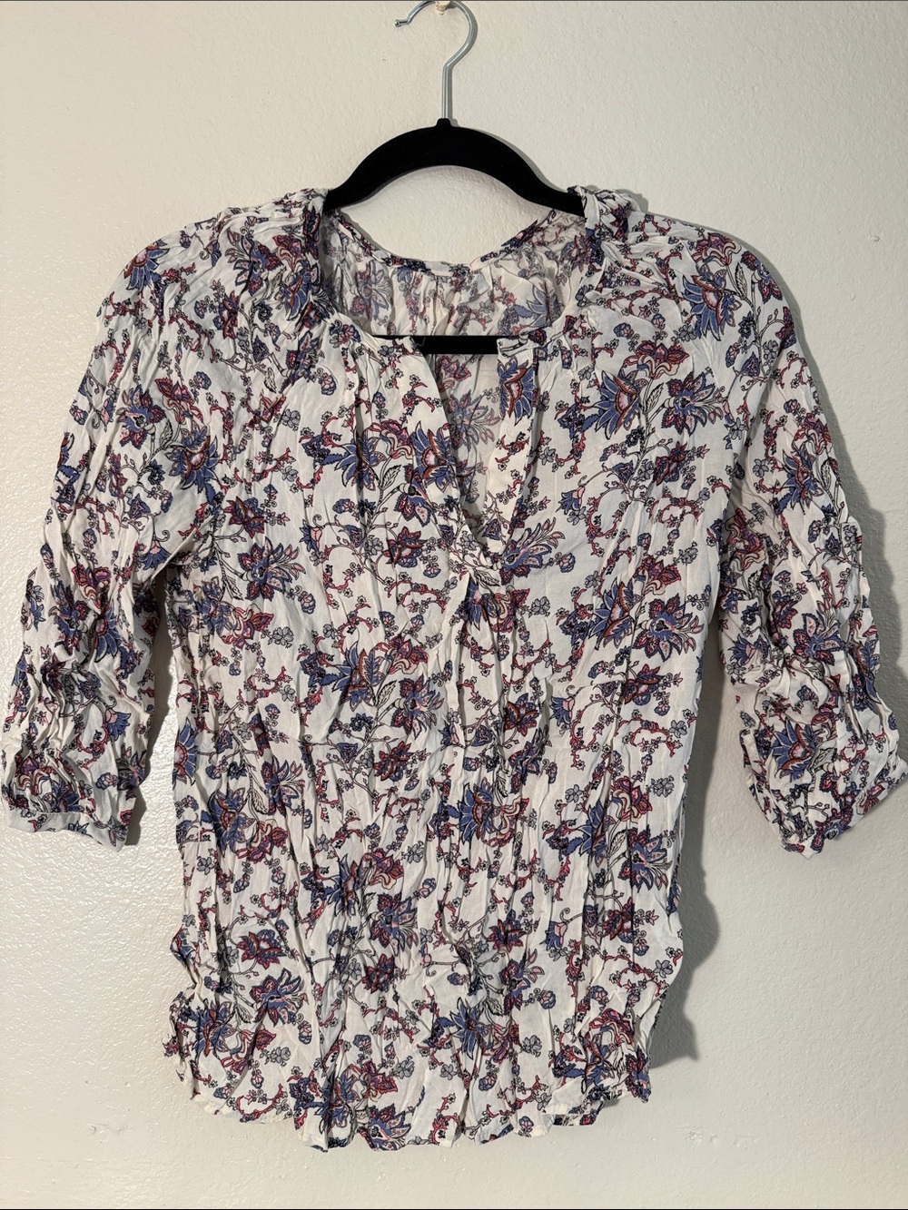 Floral V-Neck Peasant Blouse in White with Blue & Red Print
